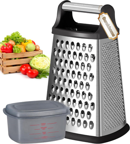 Cheese Grater with Handle, Stainless Steel Box Grater, 4 Side Kitchen Vegetable Shredder Slicer Zester with Container for Parmesan, Cabbage, Ginger, Lemon, Chocolate, Coconut (Black)