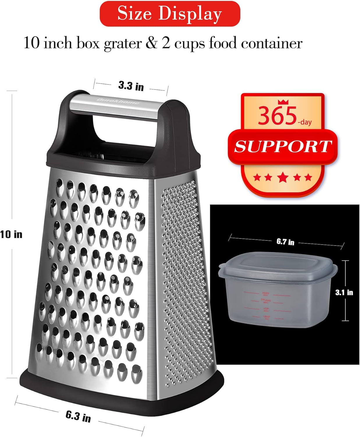 Cheese Grater with Handle, Stainless Steel Box Grater, 4 Side Kitchen Vegetable Shredder Slicer Zester with Container for Parmesan, Cabbage, Ginger, Lemon, Chocolate, Coconut (Black)