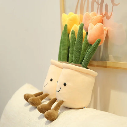 Lifelike Tulip Succulent Plants Plush Stuffed Decoration Toy Soft Decor Doll Potted Flowers Pillow for Girls Gift