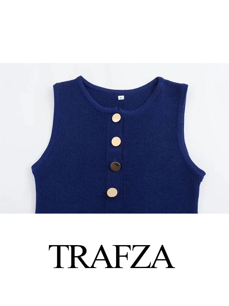 TRAFZA 2024 Women Elegant Knitted Long Dresses Female O-Neck Sleeveless Fake Pocket Decoration Single Breasted Summer Dress